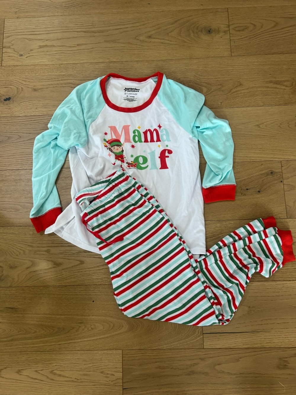 Mama Elf Pajama Set - White, Mint & Red